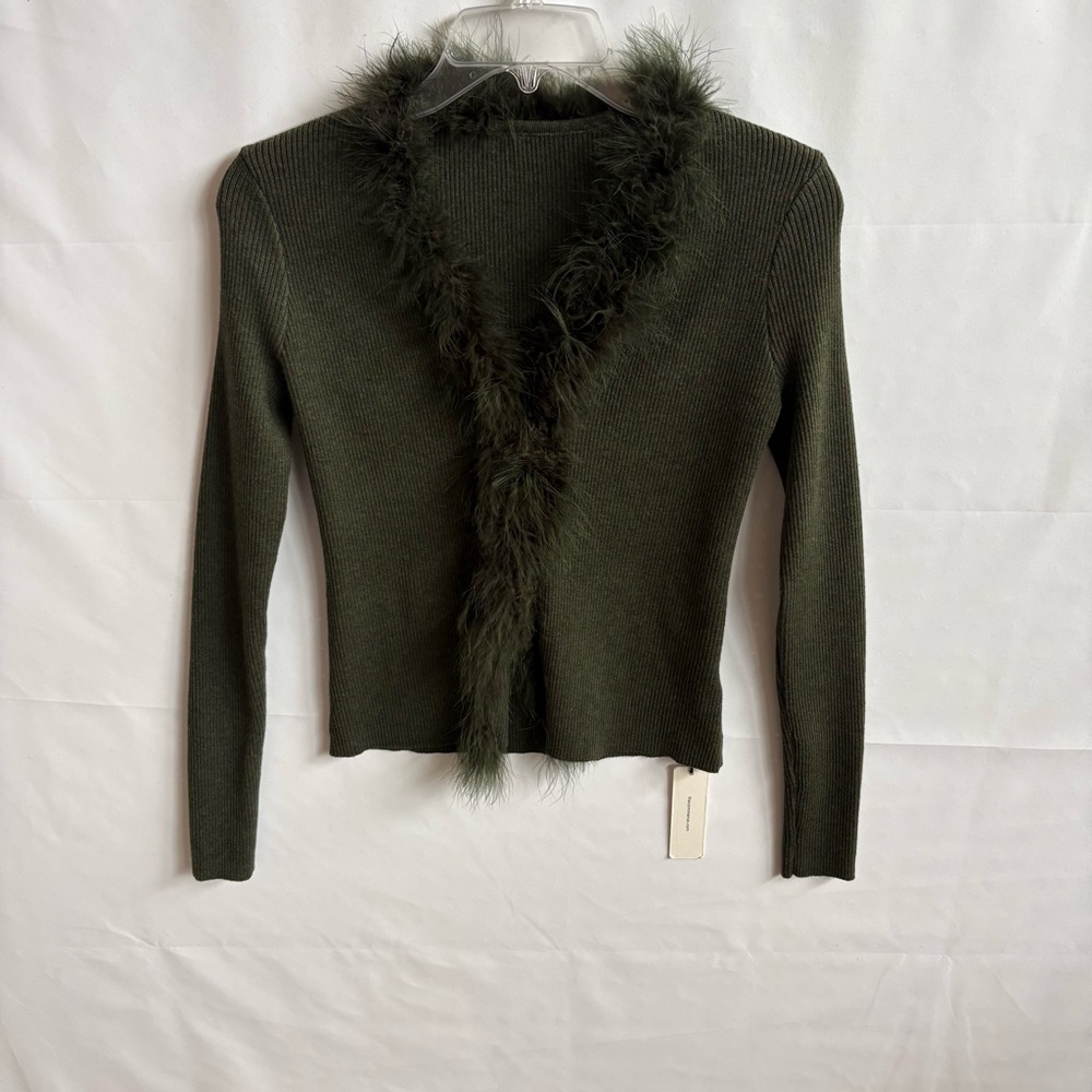 Commense Olive Feather-Trim V-Neck Cardigan. Size Small INV25/418